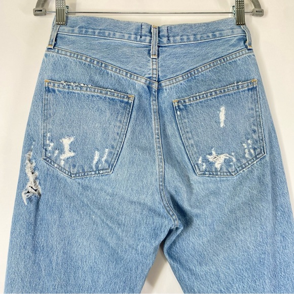 Agolde Blue Wash 90’s Mid Rise Distressed Straight Leg Jeans Size 24 - Picture 7 of 15